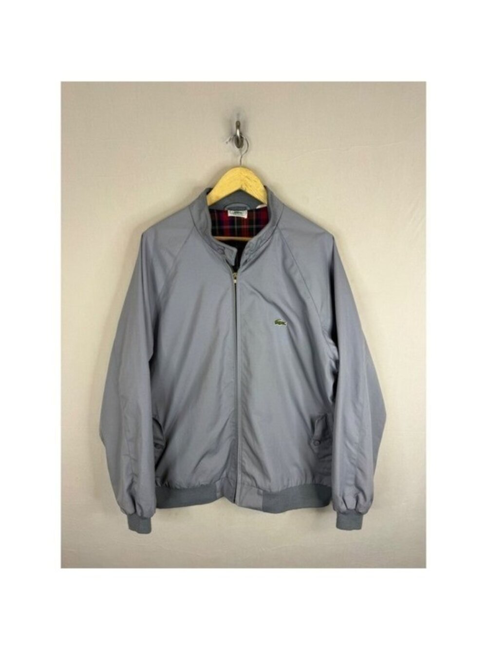 Vintage Izod Lacoste Harrington Jacket Blue Gray Plaid Lined Windbreaker Mens L